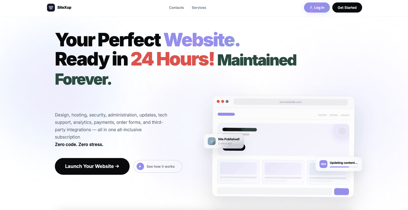The SiteXup landing page, showing its headline and a website-builder preview.